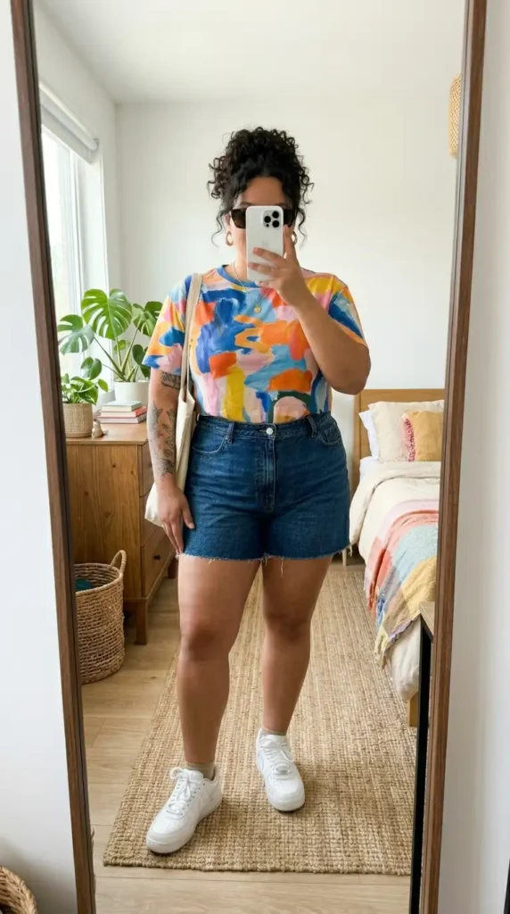 Abstract print tee with high-waisted denim shorts — summer artsy outfit ideas for plus size women, everyday look.
