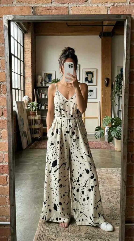 Artistic style outfits for women: ink splatter wide-leg jumpsuit in cream and black with sneakers.
