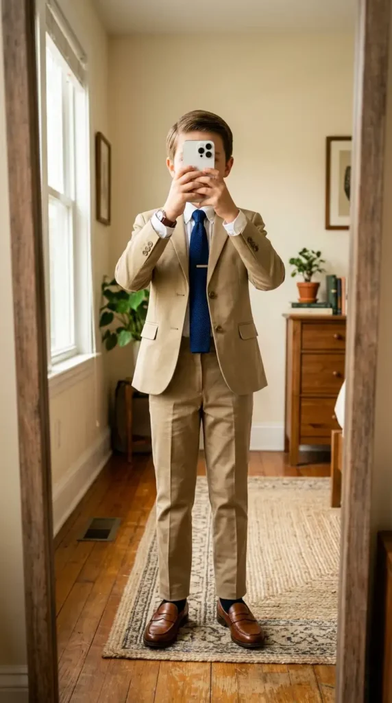 Boys suit outfit ideas for wedding summer — khaki suit with navy knit tie, tie bar, and brown loafers in a bright mirror selfie.