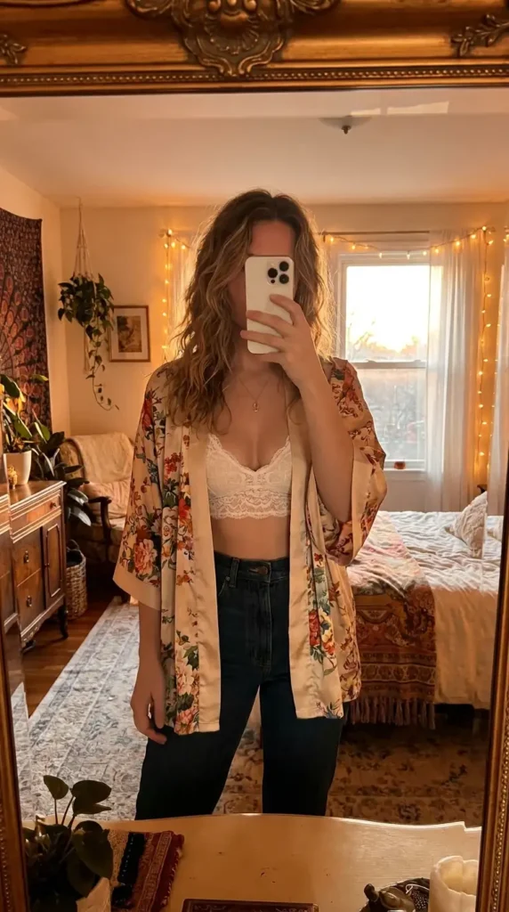 Floral kimono cardigan over white lace bralette and dark jeans — cozy hippie outfit ideas for women at home.
