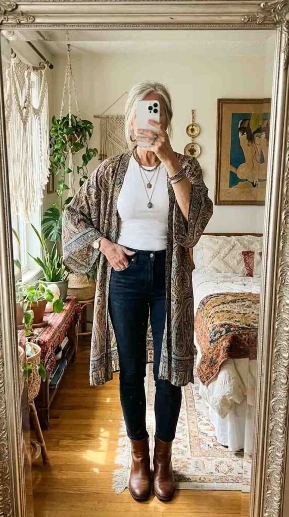 Hippie outfits she'll adore: paisley kimono jacket over a white tee with dark skinny jeans and brown boots