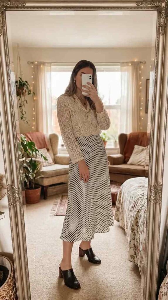 Black and white polka dot skirt outfits paired with a delicate cream lace blouse and block-heel mules
