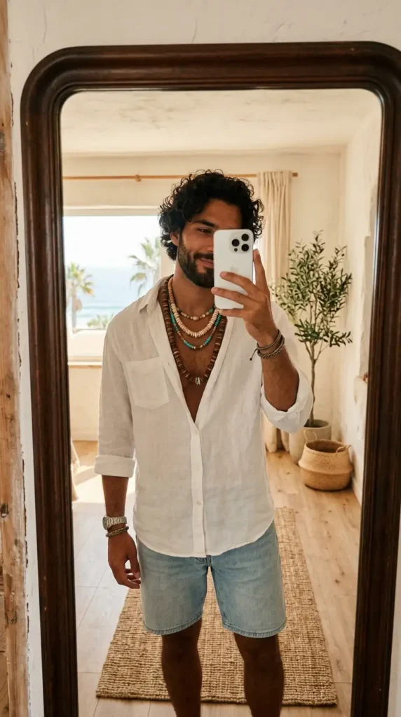 Open white linen shirt with layered boho necklaces — relaxed summer artsy outfits for men by the beach
