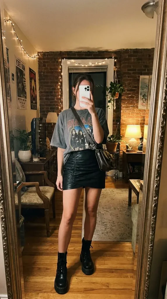 Black leather mini rush skirt outfit idea with a vintage graphic tee and combat boots