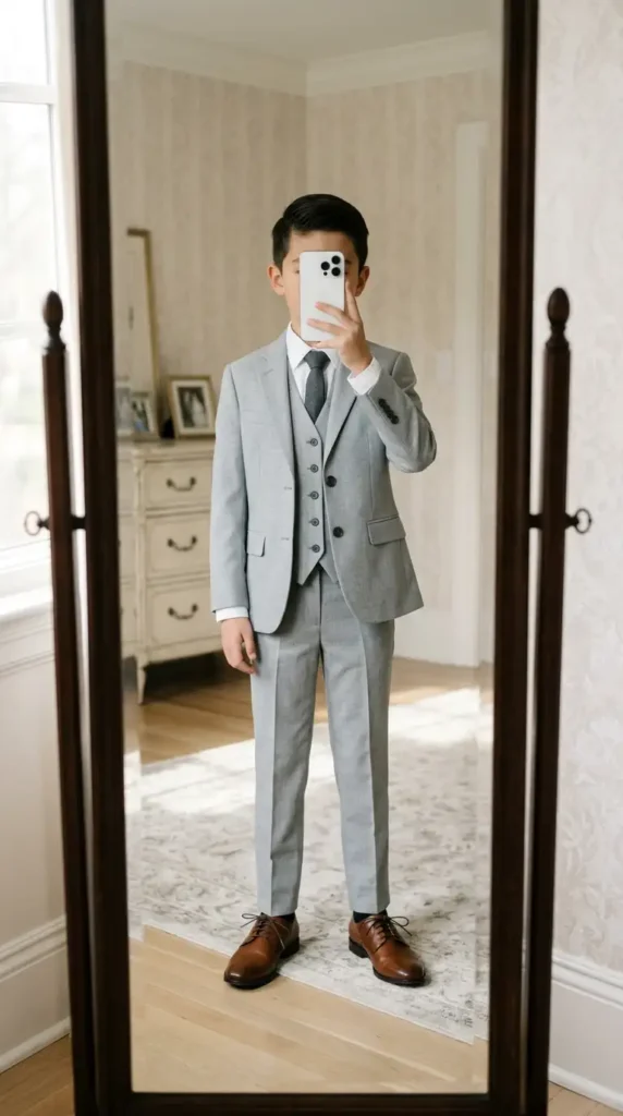 Light gray three-piece boys suit outfit for wedding summer with dark tie and brown Oxford shoes in a bright white room mirror.