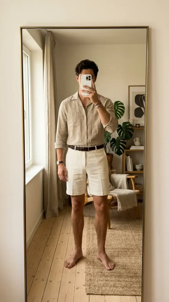 Beige linen camp shirt with white tailored shorts and belt — clean summer artsy outfits for men

