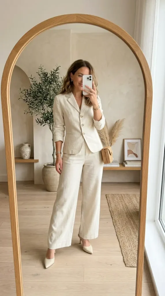 Ivory linen blazer and wide-leg trouser co-ord — an elegant summer wedding anniversary outfit idea.
