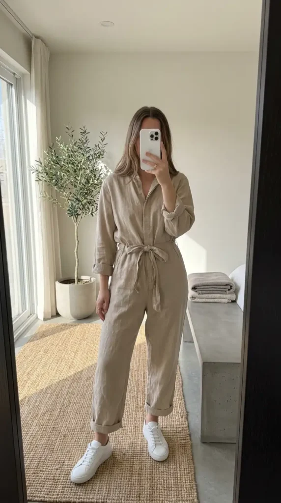 Beige belted linen jumpsuit with white sneakers — polished summer family reunion outfit ideas for women