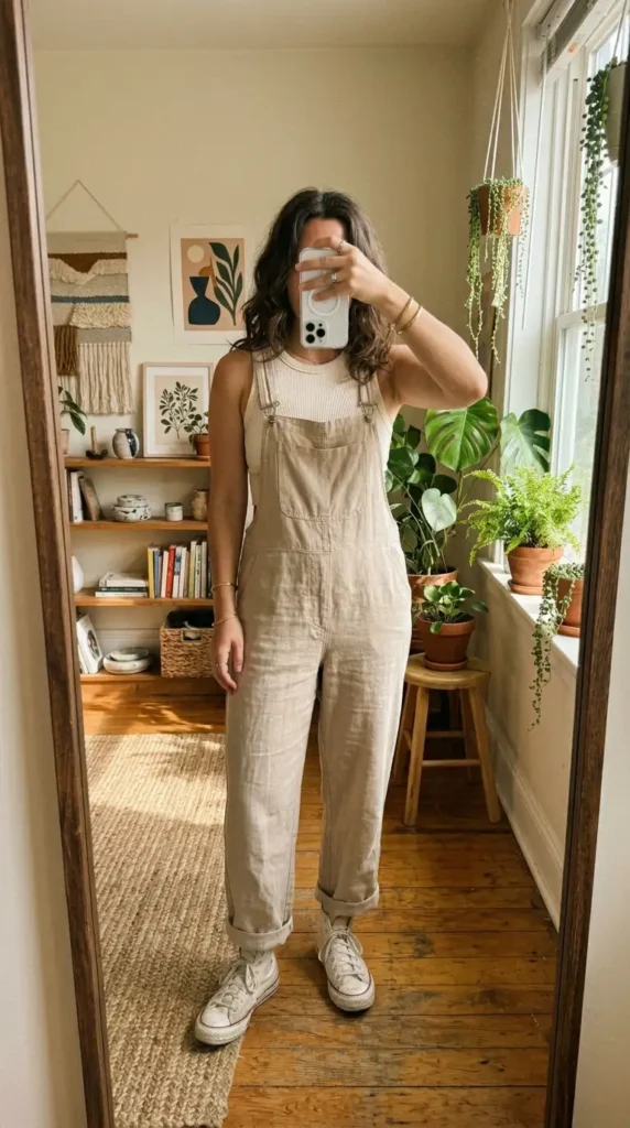 Artsy summer outfit ideas: beige linen overalls with a cropped ribbed tank and white Converse
