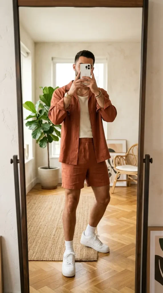 stylish man in a mirror selfie pose holding a white iPhone 16 Pro covering his face, wearing a terracotta linen co-ord set with matching overshirt and shorts, standing before a mirror