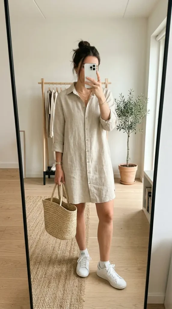 Beige linen woven shirt dress worn with white sneakers and straw tote — effortless woven fantasy dress to impress
