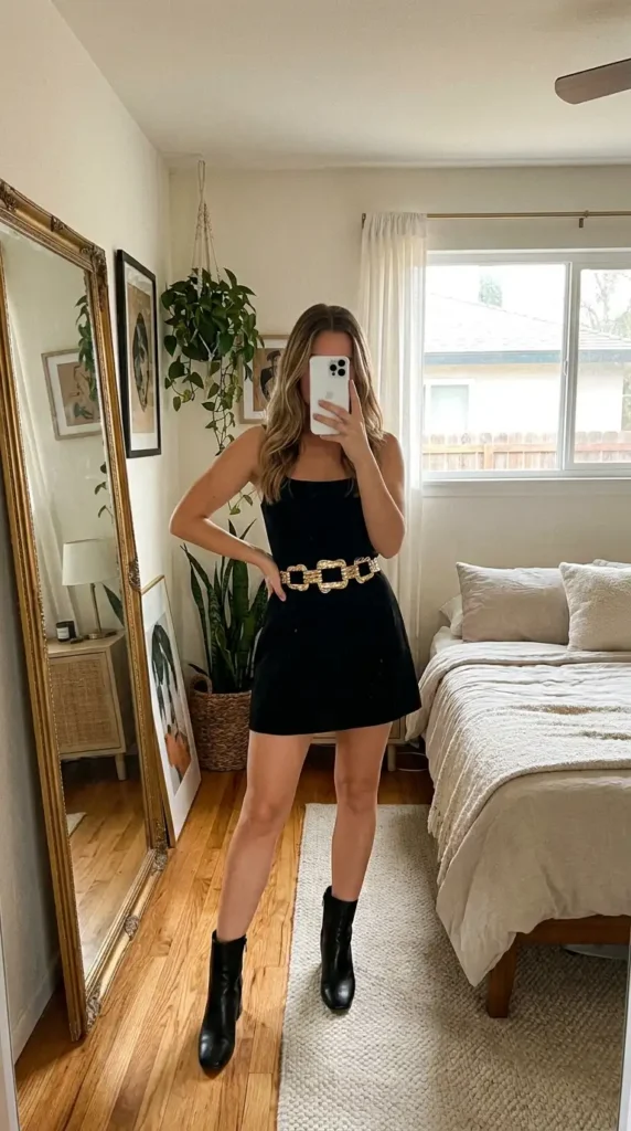 Casual black and gold party outfit ideas featuring a black mini dress cinched with a chunky gold chain statement belt.
