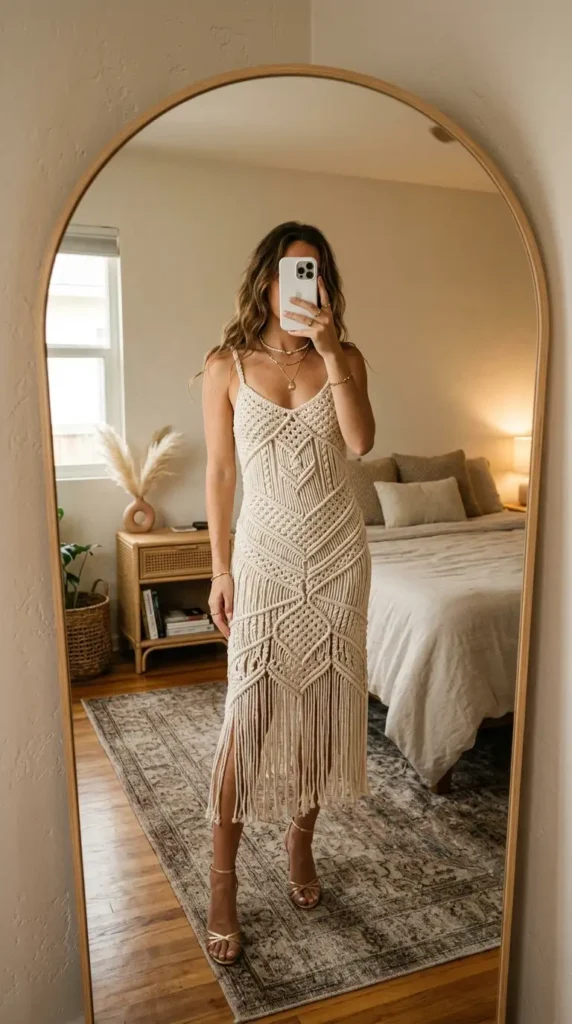 Ivory macramé slip dress with fringe hem and gold heels — a boho woven fantasy dress to impress at any event
