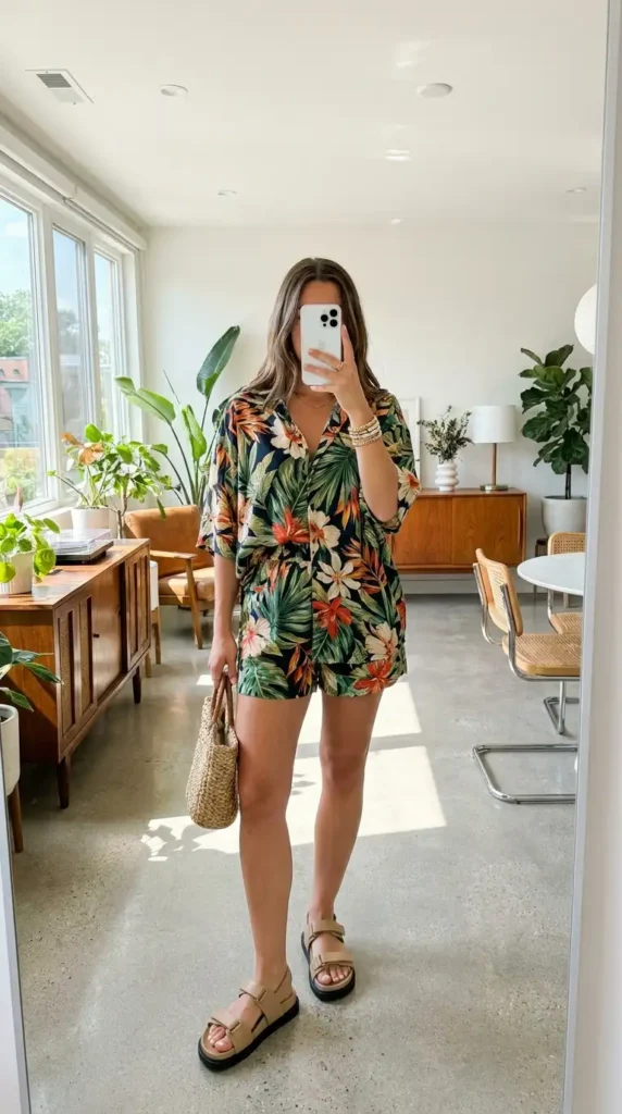 Tropical print matching co-ord set with slide sandals — fun summer family reunion outfit ideas for women