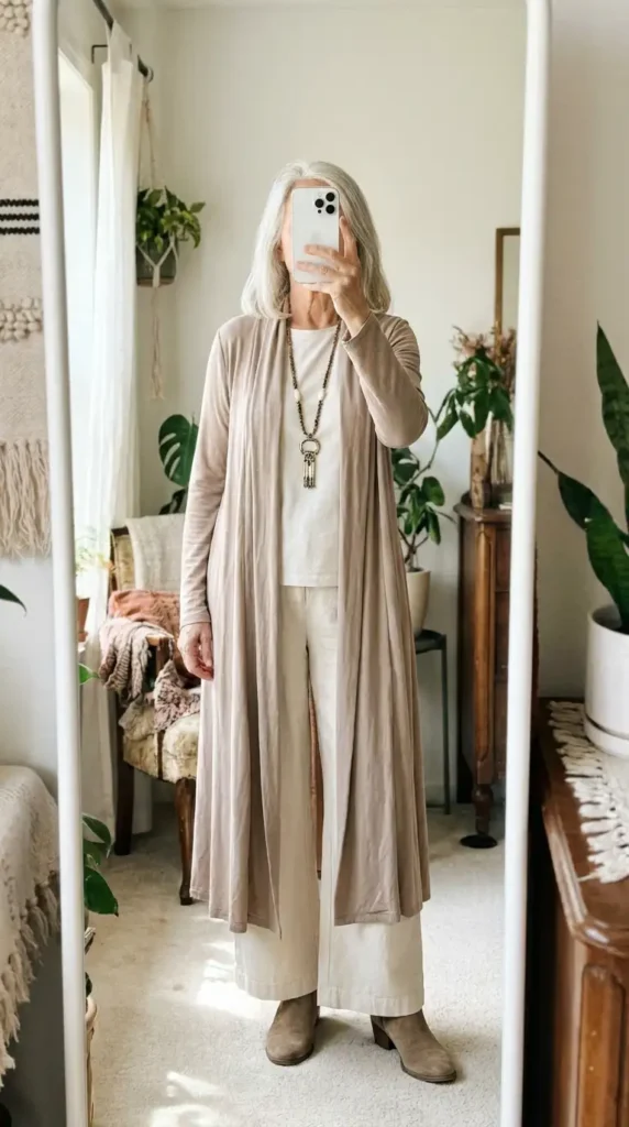 Boho grandma style in a flowy beige maxi duster cardigan over cream wide-leg pants with taupe booties.