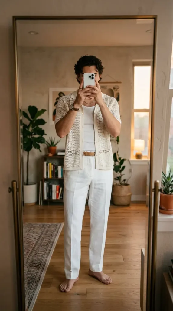 Cream crochet knit top over white tank and trousers — minimal summer artsy outfits for men

