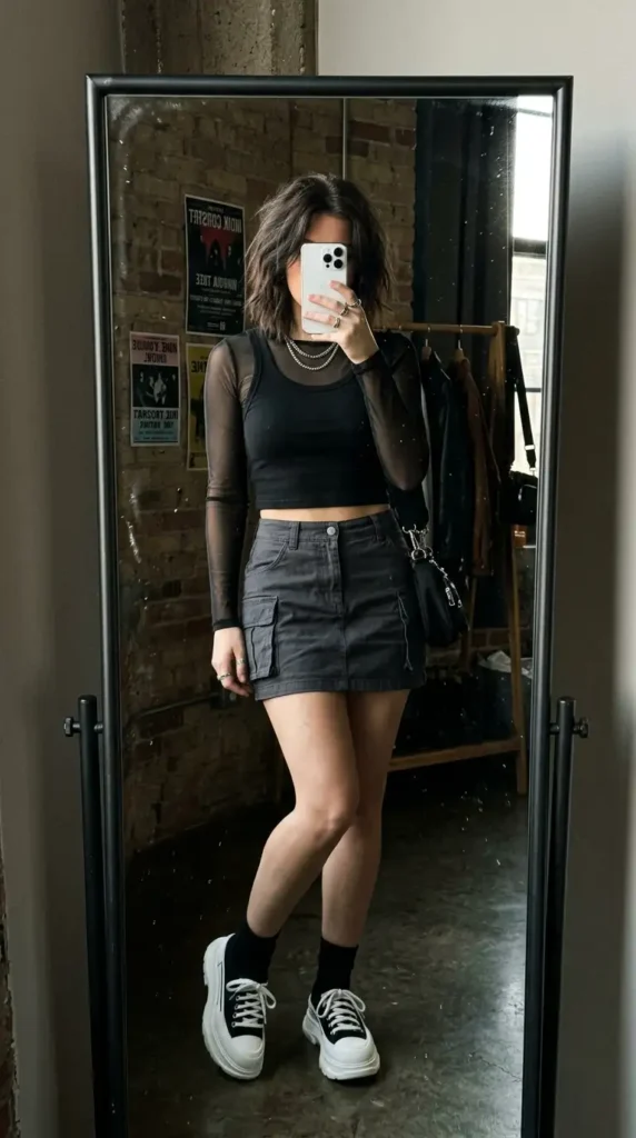 Black mesh top layered over crop tank with cargo mini skirt — edgy Summer Artsy School Outfits.