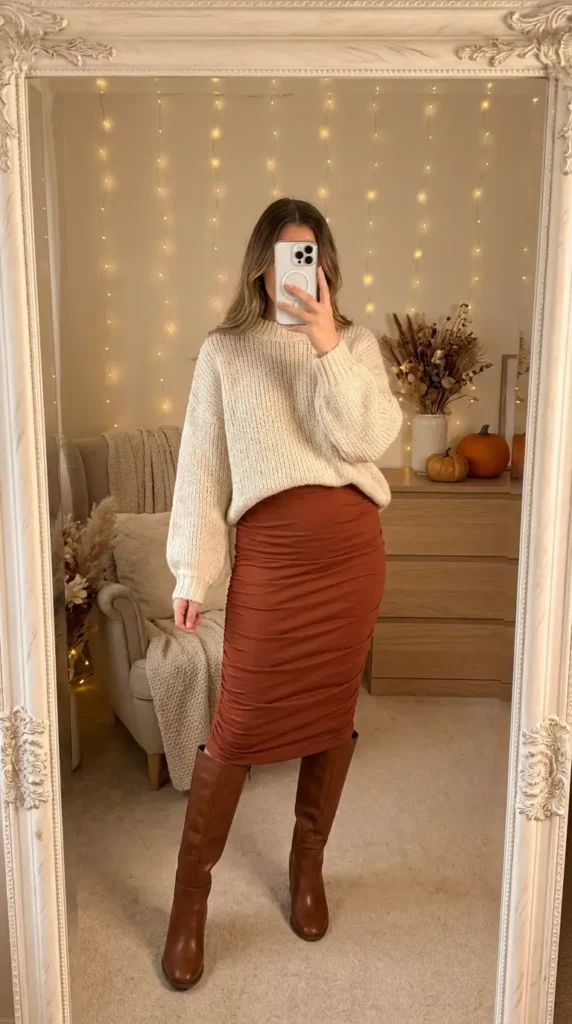 Rust midi rush skirt outfit idea layered with a cream chunky knit sweater and brown knee boots