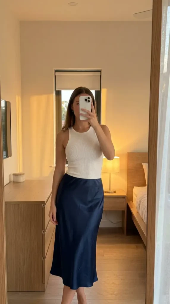 White fitted tank with navy satin midi skirt — sleek and simple summer family reunion outfit ideas