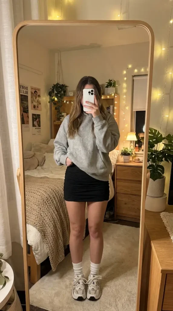 Black mini rush skirt outfit idea worn with an oversized grey hoodie and chunky sneakers