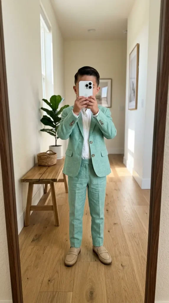 Mint green linen boys suit outfit idea for wedding summer with white shirt and beige loafers in a modern hallway mirror selfie.