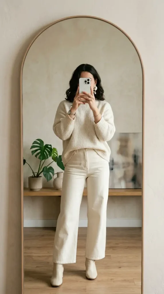 All-cream monochrome knit sweater and wide trousers — artsy summer outfit ideas with pearl earrings
