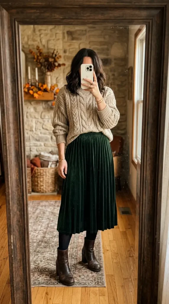 Artistic style outfits for women: chunky knit sweater layered over green velvet pleated midi skirt.
