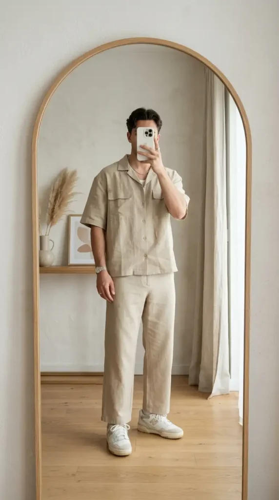 All-beige linen co-ord set with white sneakers — tonal summer artsy outfits for men, arched mirror
