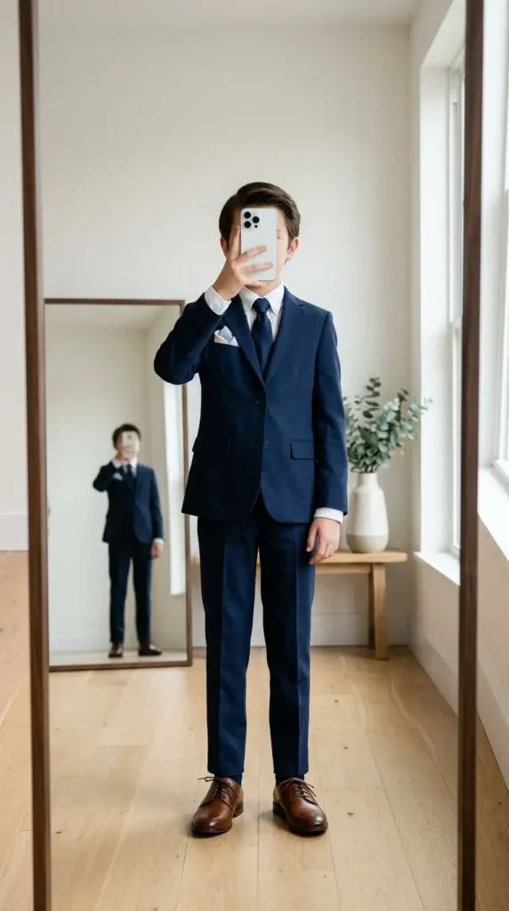 Navy blue slim-fit boys suit outfit idea for wedding summer with white shirt, blue tie, and brown brogues in a minimal room.