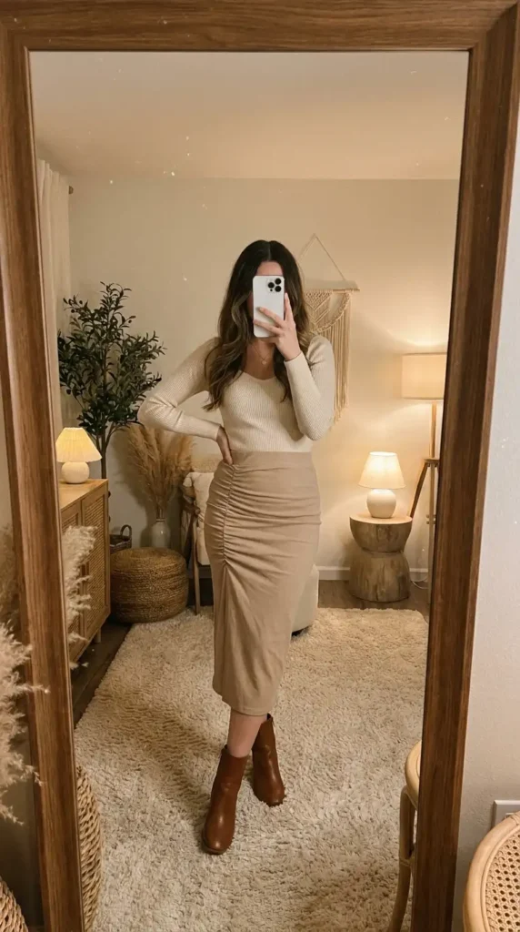 Neutral midi rush skirt outfit idea paired with a ribbed knit top and brown knee-high boots