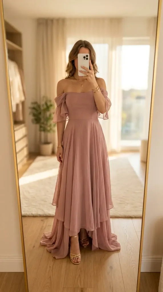 Dusty rose off-shoulder chiffon maxi dress — a romantic summer wedding anniversary outfit idea for women.
