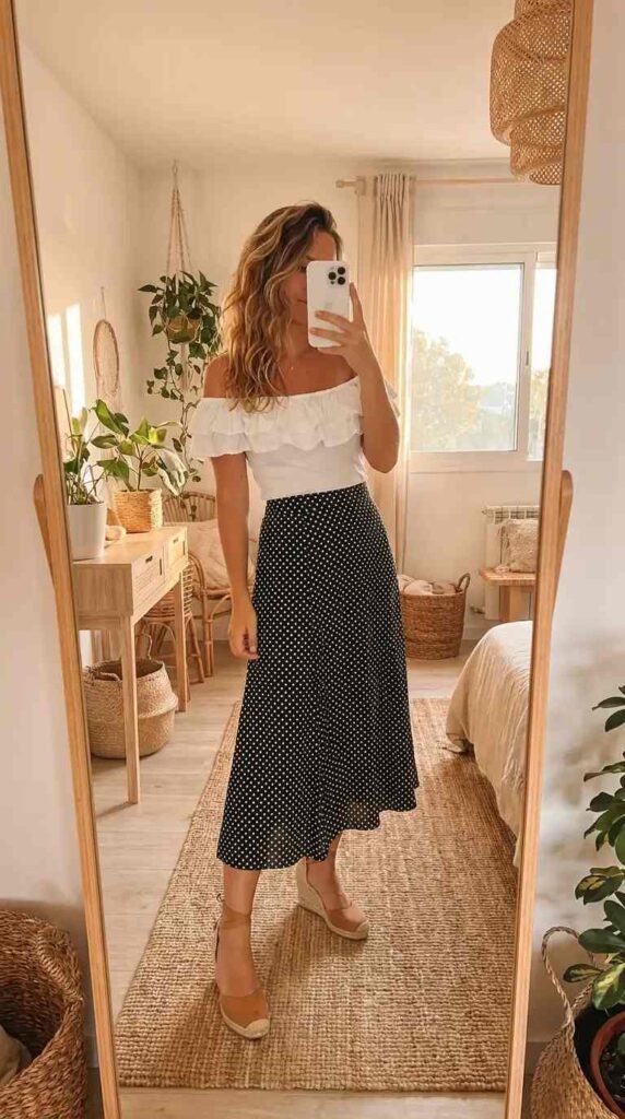 Black and white polka dot skirt outfits with a white off-shoulder ruffled top and espadrille wedge heels
