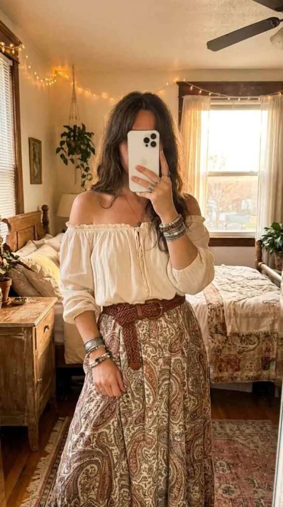 Off-shoulder cream blouse tucked into paisley maxi skirt — romantic hippie outfit ideas for women with a belt.
