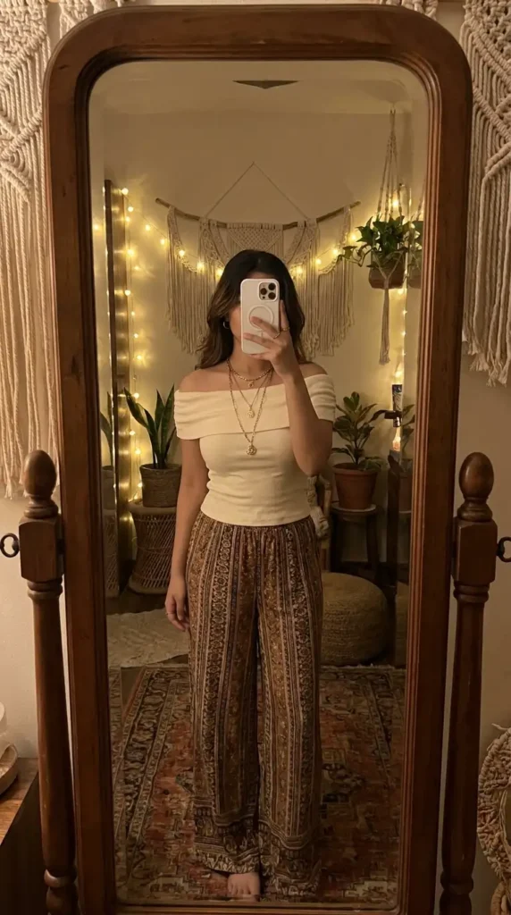 White off-shoulder top with boho print palazzo pants — stylish summer family reunion outfit ideas