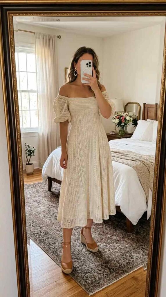 Off-shoulder cream woven midi dress with puff sleeves and wedge heels — romantic woven fantasy dress to impress
