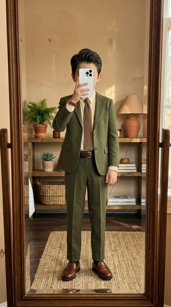 Olive green boys suit outfit idea for wedding summer with knit tie, brown belt, and penny loafers in a warm interior mirror.