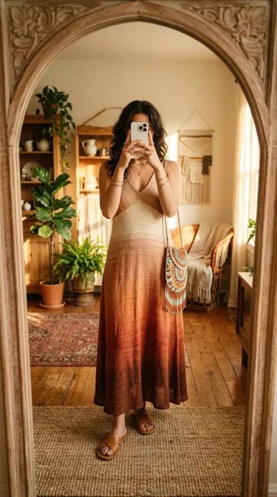 Rust ombré woven maxi dress with beaded crossbody bag and brown sandals — boho woven fantasy dress to impress
