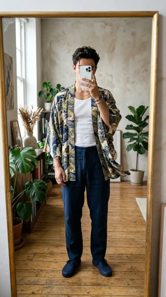 Printed kimono jacket over white tank and navy trousers — artistic summer artsy outfits for men
