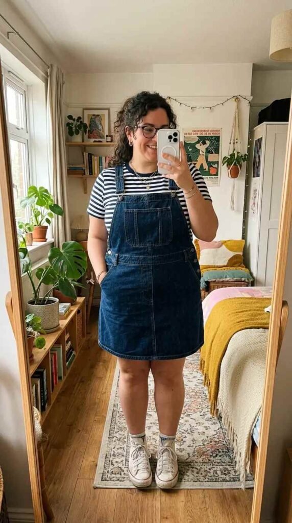 Denim pinafore over striped tee with Converse — summer artsy outfit ideas for plus size women, casual style.
