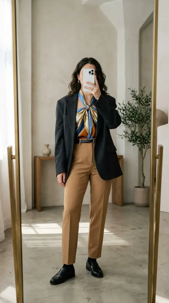 Artistic style outfits for women: oversized blazer with silk scarf as top, camel trousers, loafers.
