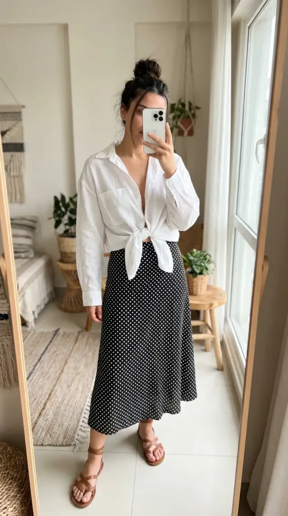 Black and white polka dot skirt outfits with a knotted oversized white shirt and brown strappy sandals
