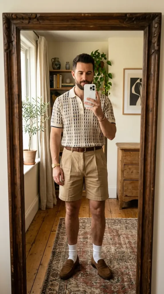 A man wearing Oversized Knit Polo + Pleated Shorts in selfie pose infront of a mirror
