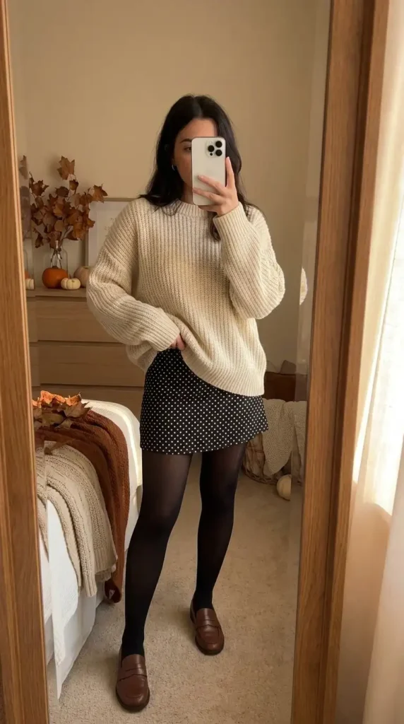 Black and white polka dot skirt outfits with a cream oversized knit sweater, black tights, and loafers
