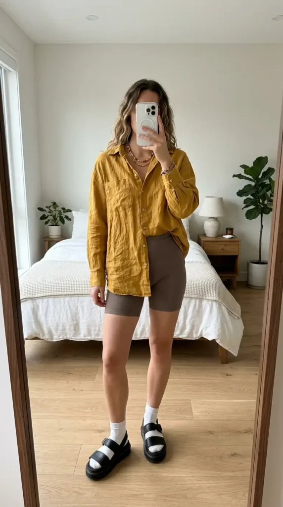 Mustard oversized linen shirt over taupe bike shorts with chunky sandals — Summer Artsy School Outfits.