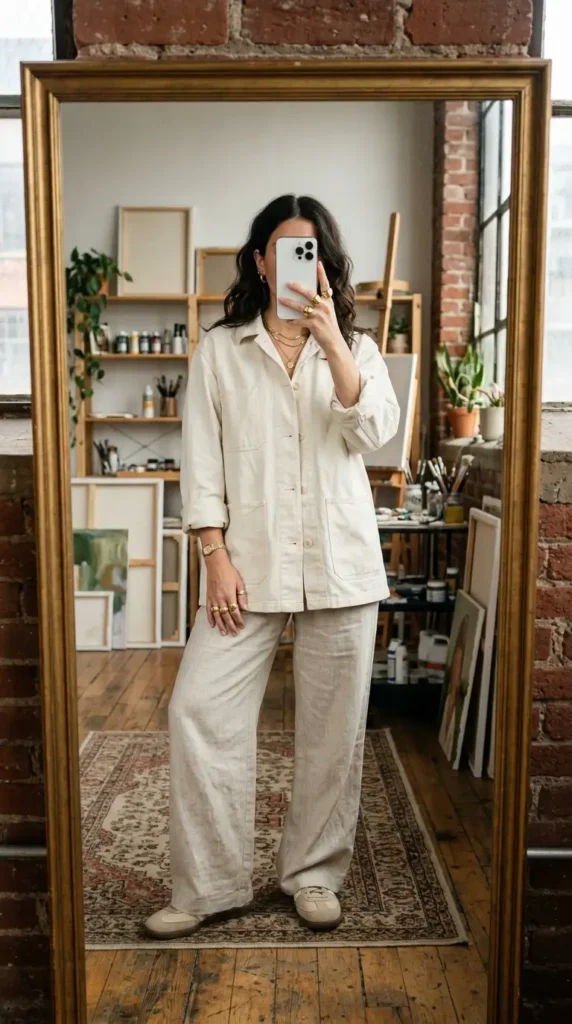 Artistic style outfits for women: oversized cream painter's smock with wide-leg linen trousers and sneakers.
