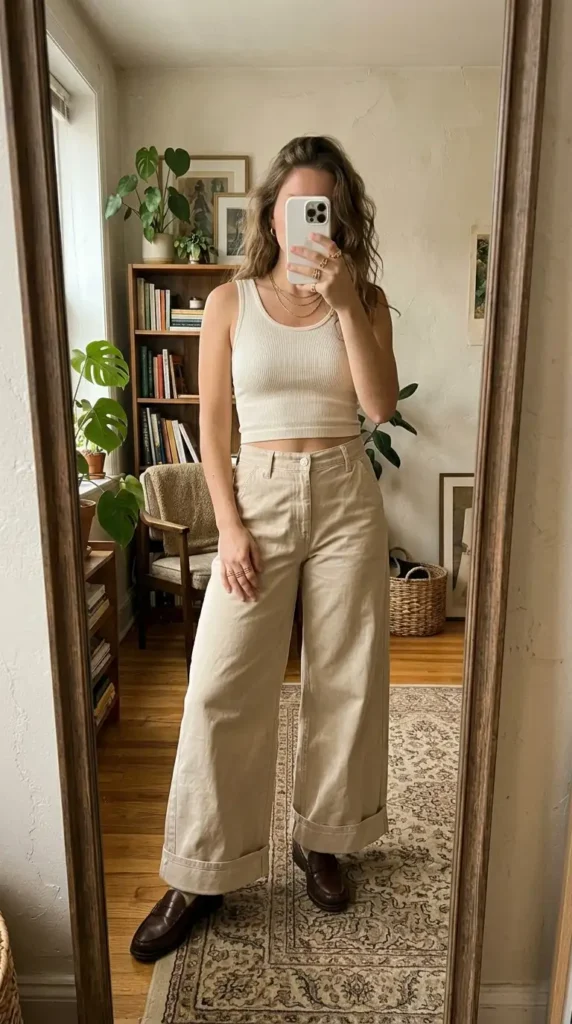 Cream wide-leg painter pants with ribbed crop tank and loafers — minimal Summer Artsy School Outfits.