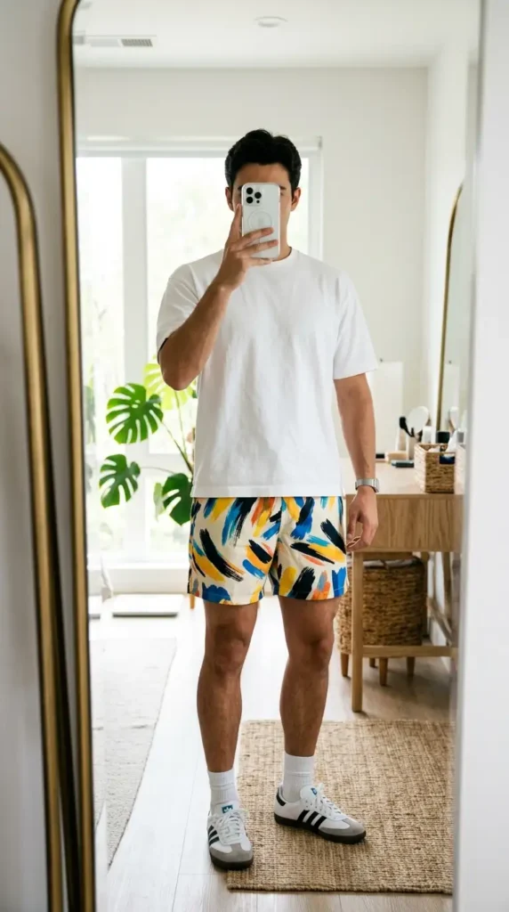 White tee with abstract brushstroke shorts and Adidas sneakers — fun summer artsy outfits for men
