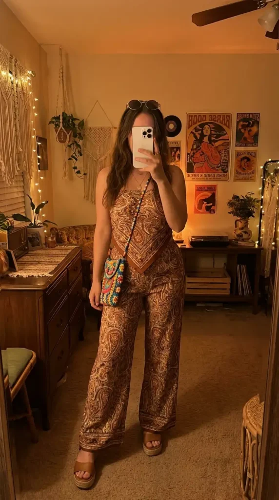 Matching paisley crop top and wide-leg pants — retro hippie outfit ideas for women with platform wedge sandals.
