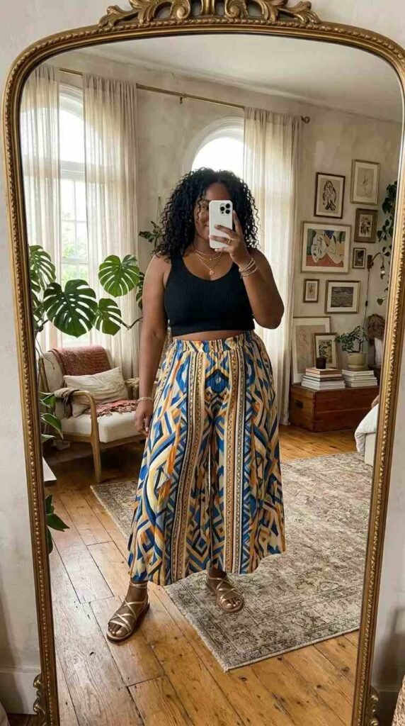 Geometric print palazzo pants with black crop top — summer artsy outfit ideas for plus size women, bold look.
