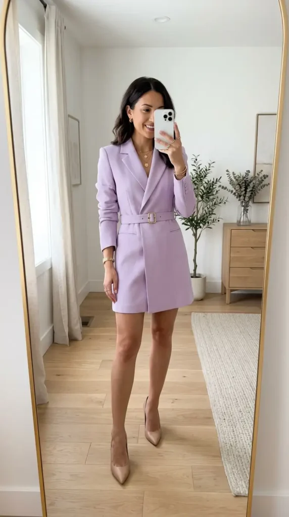 Lilac belted blazer dress with nude heels — a stylish summer wedding anniversary outfit idea for women.
